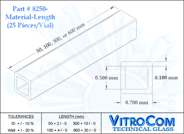8250 Square Miniature Hollow Glass Tubing (VitroTubes™)